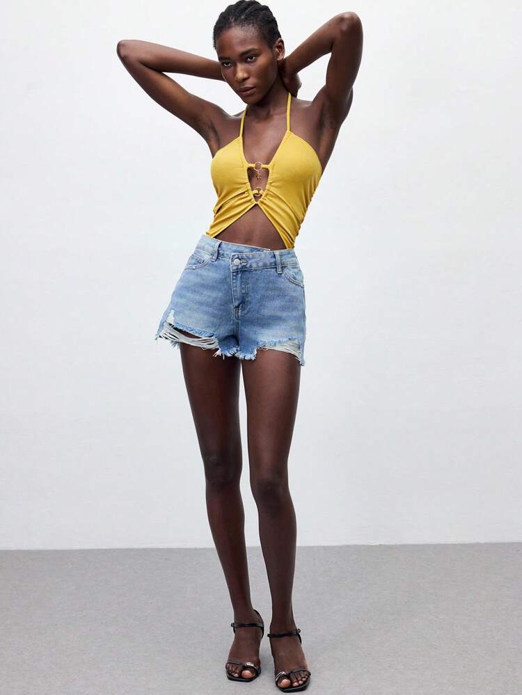 SHEIN Maija 2025 New Summer Cream Yellow Asymmetrical Cut-Out Halter Tie-Up Design Hollow Metal Decor Abdominal Shaping One-Piece Swimsuit, Fashion Casual Chic Urban Elegant Romantic Business Casual Daily Office Party Beach Wedding Guest Brunch Y2K Streetwear Back To School Autumn Women