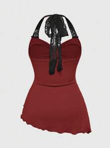 ROMWE 针织蕾丝拼布不对称下摆蕾丝花边吊带系腰女式背心 - 酒紅色 - 查看 2