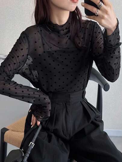 FRIFUL 女式纯黑色透明波尔卡圆点网眼高领休闲长袖上衣