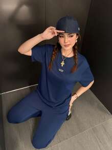 SHEIN Conjunto de sudadera de cuello redondo de manga larga y pantalones deportivos cómodos, casuales y holgados para adolescentes - Neblina azul - Ver 2