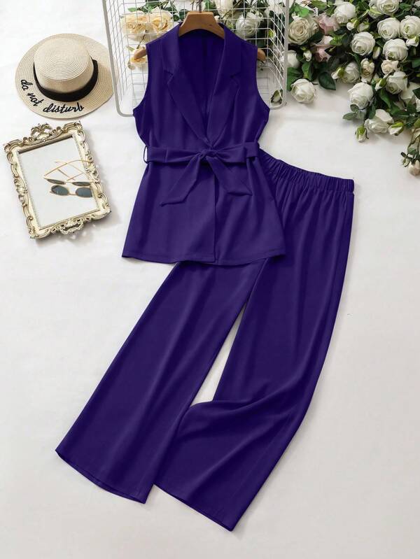 Modelyn Women's Solid Color Belted Sleeveless Top And Elastic Waist Pants Elegant Suit Set 2 Pieces Set