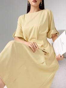 Heiryn Đầm dài vừa phải thanh lịch cổ tròn tay bo gấu màu trơn dành cho nữ có họa tiết hoa kim loại - Màu vàng - Xem 5