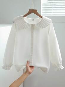 SHEIN 女孩休闲优雅都市通勤学校宽松一字肩无袖背心运动衫和蓝色长袖衬衫裙两件套，适合秋季、冬季、学校、毕业、日常穿着， - 白色 - 查看 3