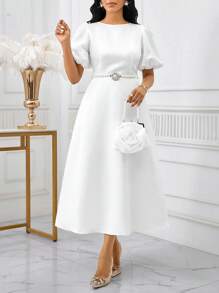 SHEIN Lady Váy tay bồng màu trơn thanh lịch cho nữ mùa xuân và mùa hè Váy dài tay chữ A thanh lịch tay giám mục màu trắng cho đám cưới ngày lễ tình nhân Váy dự tiệc cocktail cỡ lớn Váy dạ hội trang phục mùa thu Váy cho nữ Váy ngày lễ Váy trắng Váy nữ thần Hy Lạp Váy tốt nghiệp màu trắng - trắng - Xem 7