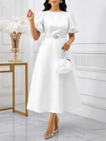 SHEIN Lady 大码纯色圆领优雅奢华短袖连衣裙