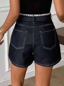 DAZY Quần short denim ống đứng kiểu phương Tây phối màu tương phản có túi dành cho nữ, quần short mùa hè. - Màu xanh lam - Xem 2