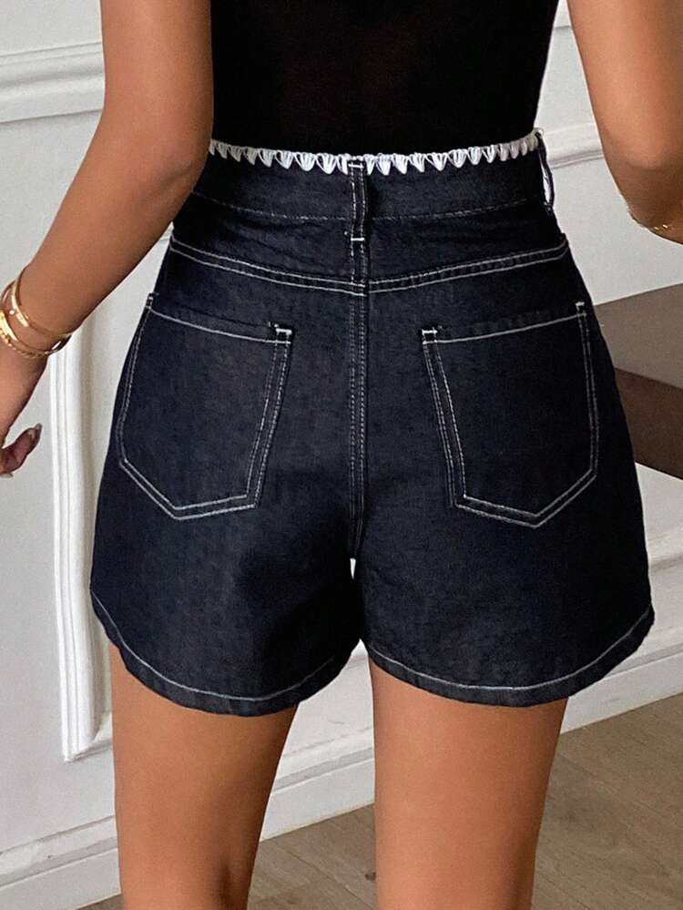 Contrast Trim Casual Western Style Straight Leg Denim Shorts With Pockets For Women, Summer Jorts