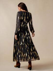 Florisole Women's Elegant Flowy Gold Foil Brush Lantern Sleeve Dress Black And Gold Maxi Dress Long Black Dress With Gold Print Fall Cloth For Women