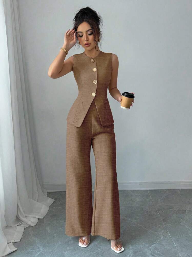 Rafferiza Petite Women Chic Metal Flower Buckle 2 Pieces Set, Formal Casual Work Suit Maillard Style Summer Brown - Brown - View 3