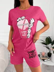 EURMUSE Conjunto de pijama de algodón con gráficos de dibujos animados y lemas - Rosa Fucsia - Ver 5