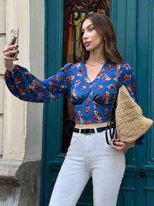 Chiquease Áo sơ mi tay loe cài nút peplum phía trước dành cho nữ lấy cảm hứng từ Ins Quần áo cho trường đại học Vải mùa thu dành cho nữ - Màu xanh lam - Xem 4