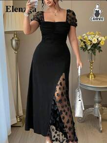 SHEIN PETITE 方领荷叶边下摆开叉优雅淑女连衣裙，夏季 - 黑色 - 查看 4