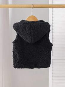 SHEIN Babygirl 可爱百搭黑色蓬松连帽背心外套，秋冬休闲装 - 黑色 - 查看 3