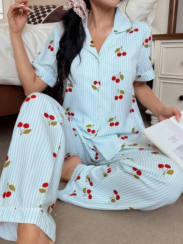 SHEIN Cherry Striped Print Collared Short Sleeve & Pants Women Pajamas Set