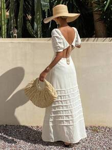 DAZY Women Summer Off Shoulder Puff Sleeve Dress Vacation Outfits Women Maxi Dress Cruise Outfit For Women Boho - White - View 1