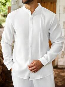 ResortEase 男士加大码休闲宽松纯色长袖衬衫，轻松风格男士长袖白立领衬衫，百搭，秋季 - 白色 - 查看 4