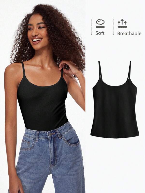 SHEIN BASICS Solid Cami Top Simple Fashion Daily Casual Tops For Women Black Tops