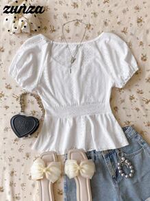 Stylish White Scoop Neck T-Shirt For Teen Girls With Short Puffed Sleeves White Babydoll Top Summer Babydoll Top Eyelet Babydoll Top Babydoll Top With Sleeves White Summer Blouse - White - View 2