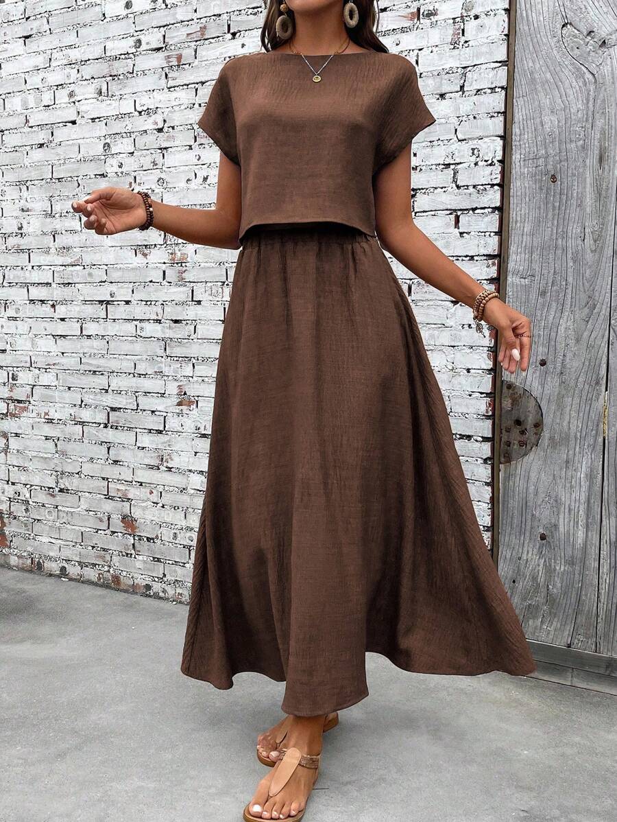 EMERY ROSE 2pcs/Set Women Solid Color Round Neck Batwing Sleeve Blouse & Mini Skirt Casual Summer Outfit - Coffee Brown - View 1