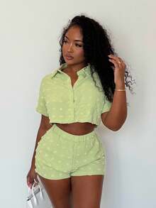 Alexandranx 全新休闲运动 2 件套女式衬衫纹理面料上衣和短裤 - 绿色 - 薄荷綠 - 查看 6