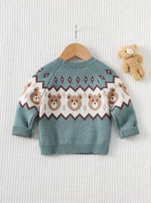 Cozy Pixies 男婴小熊几何图案圆领长袖套头毛衣，厚实柔软舒适休闲百搭 - 綠色 - 查看 2