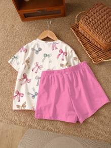 2 件套奶油色可爱蝴蝶印花圆领宽松短袖 T 恤和短裤，适合少女，休闲风格，适合春夏季，返校服装，2000 年代 Y2K 风格