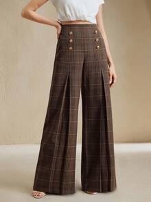 Anewsta 秋冬女装穿着舒适休闲通勤百搭时尚优雅简约经典现代返校季粗花呢格子装饰经典金属纽扣口袋开衩阔腿腰拉链女裤 - 咖啡棕 - 查看 3