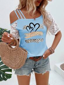 SHEIN LUNE Áo thun nữ họa tiết trái tim và da báo thêu ren, áo thun in hình báo gêpa cho nữ - Màu xanh nhạt - Xem 6