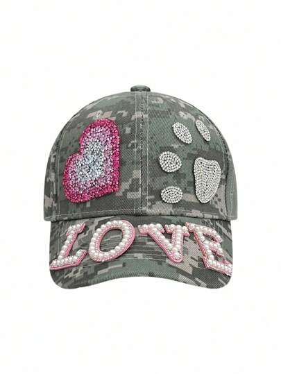Grunge Punk Vintage Camouflage Shiny Small Dog Paw Heart Rhinestone Pearl Letter Detailed Baseball Cap, Retro Dad Hat Y2K Aesthetic, Fashion Versatile Sun Hat Suitable For Party, Social, Gathering, Vacation