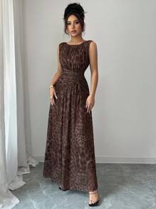 Rafferiza 女士优雅豹纹网眼圆领褶饰束腰 A 字长裙，无袖 - 咖啡 - 查看 5