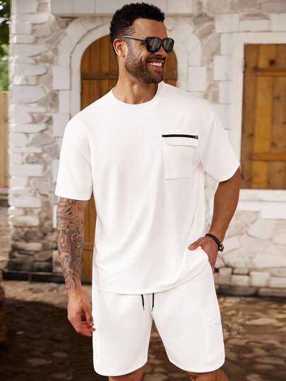 Manfinity Homme Plus Size Men's Casual Zippered Flap Pocket Short Sleeve T-Shirt And Drawstring Waist Shorts Set, Summer