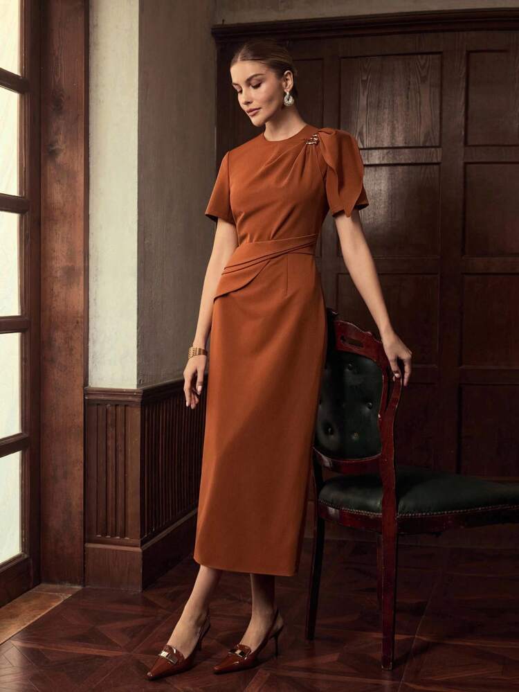 ZEYLAH ROUND NECK SHORT SLEEVE TWIST WAIST DRESS, ELEGANT EARLY AUTUMN DRESS