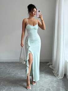 Rafferiza Robe élégante et sexy rétro vert unicolore à bretelles fines, avec volants à l'ourlet et fente, pour femmes