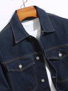 Manfinity Homme 男士标语印花长袖单排扣口袋宽松休闲牛仔夹克 - 深色水洗藍 - 查看 3