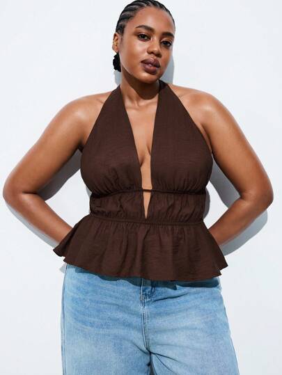 Maija Plus Size Women Solid Color Sexy Backless Tank Top,, Brown Spaghetti Strap Deep V-Neck Blouse, Chocolate Brown Crinkle Top Romantic, Fashion, Versatile; Comfortable, Stylish, Elegant, Casual, Simple Daily Wear, Essential, Solid Color, Holiday Casual, Decent, Single Lady, Elegant Fashion Business Casual Woman Going Out Tops Graduation Teacher Fall Plus Size Fall Autumn Back To School School Homecoming Winter Brown Top