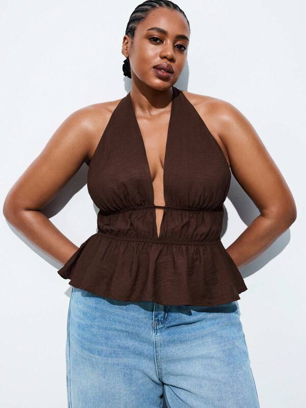Maija Plus Size Women Solid Color Sexy Backless Tank Top,, Brown Spaghetti Strap Deep V-Neck Blouse, Chocolate Brown Crinkle Top Romantic, Fashion, Versatile; Comfortable, Stylish, Elegant, Casual, Simple Daily Wear, Essential, Solid Color, Holiday Casual, Decent, Single Lady, Elegant Fashion Business Casual Woman Going Out Tops Graduation Teacher Fall Plus Size Fall Autumn Back To School School Homecoming Winter Brown Top