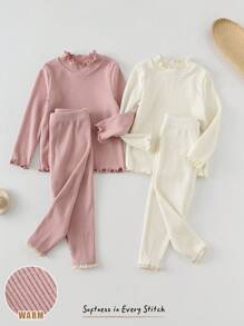 Cozy Pixies 4pcs/Set Baju Bayi Perempuan Rajut Warna Polos Lembut Leher Bulat Lengan Panjang Atasan dan Celana Panjang Pinggang Elastis Set Bayi Perempuan Bergaris Hangat - Aprikot - View 8