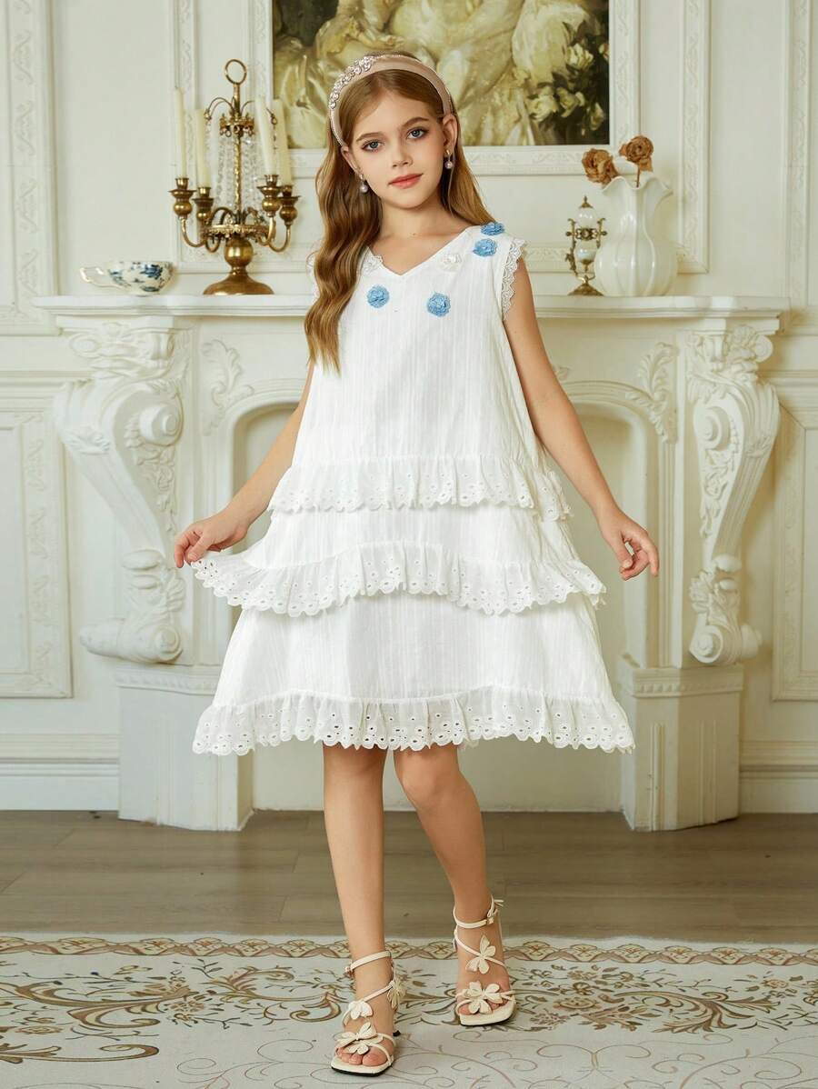 Hapijoa Tween Girls V-Neck Sleeveless Tank Dress, Summer - White - View 1