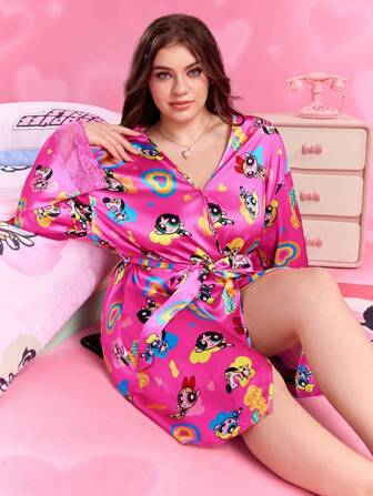 THE POWERPUFF GIRLS X SHEIN 大码花朵、泡泡、毛茛图案系带长袖长袍