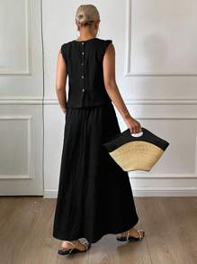 DAZY Bộ đồ gồm áo croptop không tay xếp ly ôm sát người màu trơn và chân váy cạp chun, kiểu dáng thường ngày cho kỳ nghỉ hè của nữ. - màu đen - Xem 2