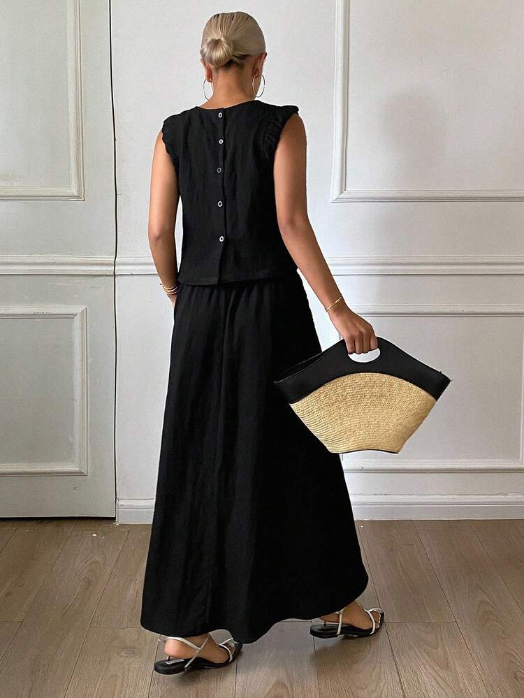 Solid Color Form-Fitting Pleated Sleeveless Crop Top And Elastic Waist Skirt Set, Casual For Summer Holiday