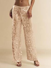 SHEIN BAE 女士低腰串珠阔腿裤，夏季海滩度假 - 杏色 - 查看 7