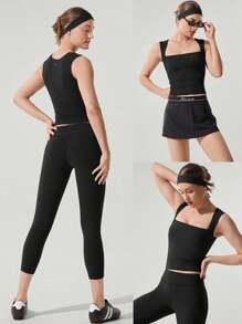 GLOWMODE FeatherFit™ Full Underarm Hip Length Square Neck Basic Tank Top Low Impact Yoga Pilates Studio Daily Removable Cups Fall Winter - Black - View 8