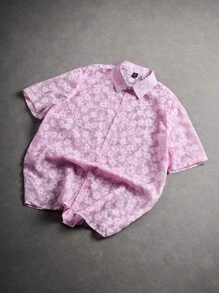 Manfinity Hypemode Áo sơ mi nam tay ngắn in hoa cài nút phía trước, thường ngày, mùa hè - Hồng - Xem 5