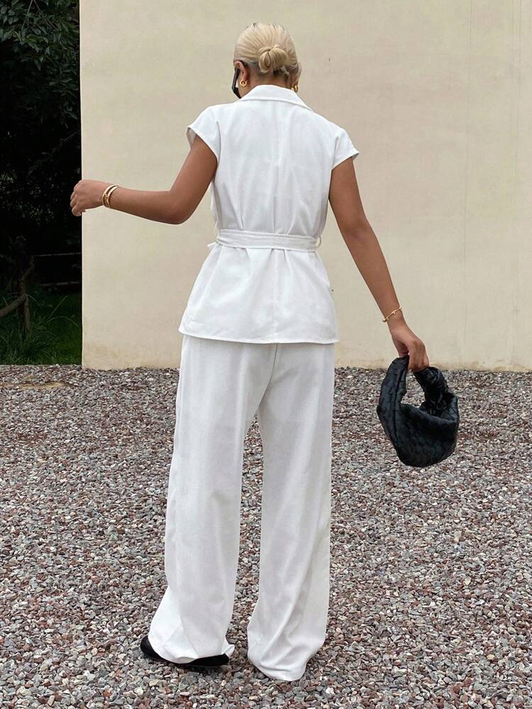 2pcs/Set Women's Casual Business Loose White Outfit, Autumn New Arrival