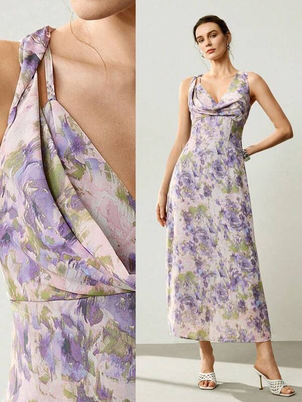 Chiquease Women's Elegant Holiday Resort Beach Design Plunging Neck Sexy Retro Color Tropical Floral Print Dress Purple Floral Dress Women Lavender Dress Women