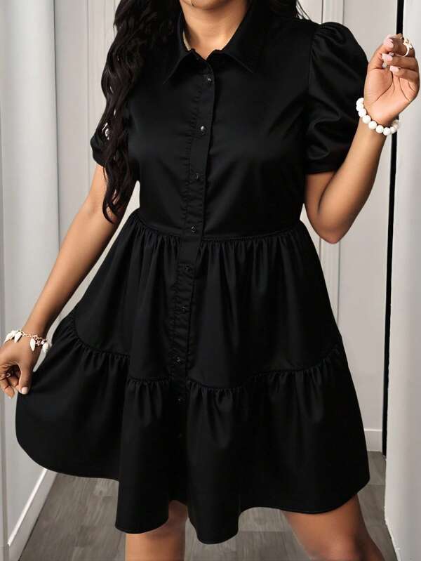 Slaydiva Rochie midi neagră, casual, de culoare solidă, pentru femei, mărime plus, potrivită pentru vară și vacanță