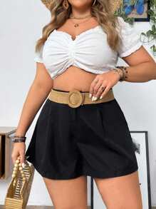 Vionelle Plus Size Women's Solid Color Loose Pleated Casual Shorts - Black - View 5