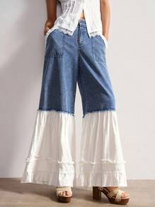 Bohemela Summer/Autumn Women's Vintage Casual Solid Color Woven Wide Leg Loose Fit Jeans Pants, Bohomian Style Vacation Outfits Wide Leg Jeans Women Ruffle Pants Loose Jeans Two Tone Jeans Tiered Ruffle Jeans