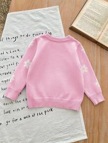 SHEIN LMoss Kids LMoss 女婴可爱百搭紫色花卉图案长袖毛衣，秋冬款 - 粉色 - 查看 5